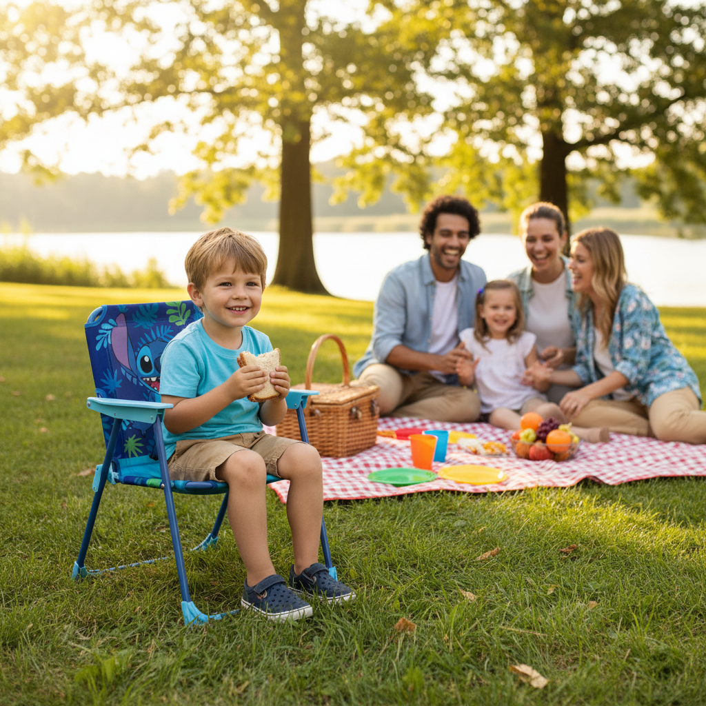 Bambino su sedia Lilo & Stitch durante picnic famiglia