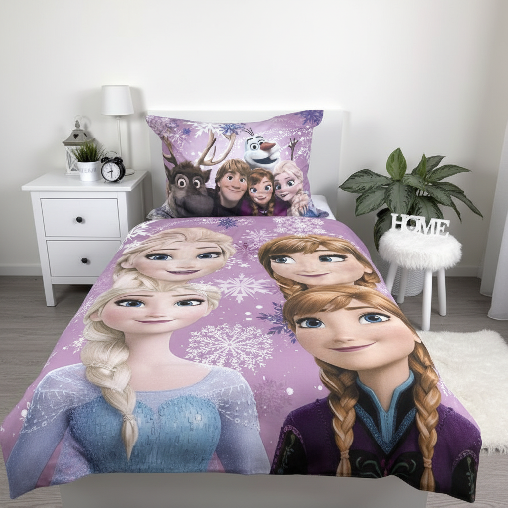 Cameretta bambina con set letto Frozen doubleface viola Elsa Anna fiocchi neve