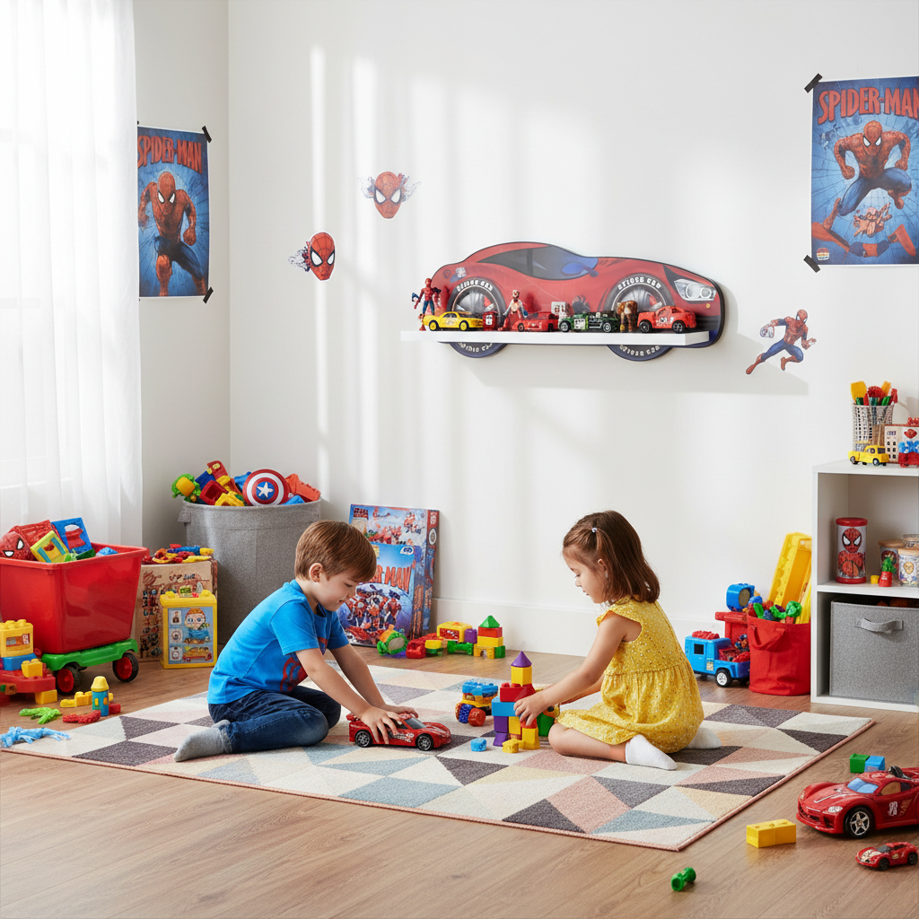 Mensola racing Spider-Man in playroom luminosa con bambini