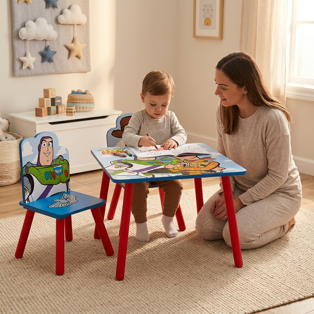 Bambino che colora al tavolino Toy Story con un genitore vicino