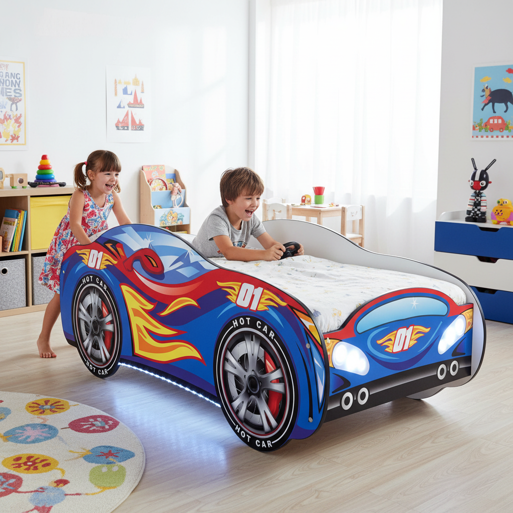 Due bambini giocano letto Hotrace 01 LED fratelli condividono FULL HD