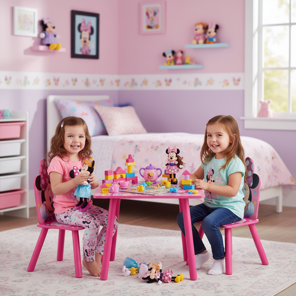 Due sorelle giocano insieme al tavolo Minnie Mouse rosa