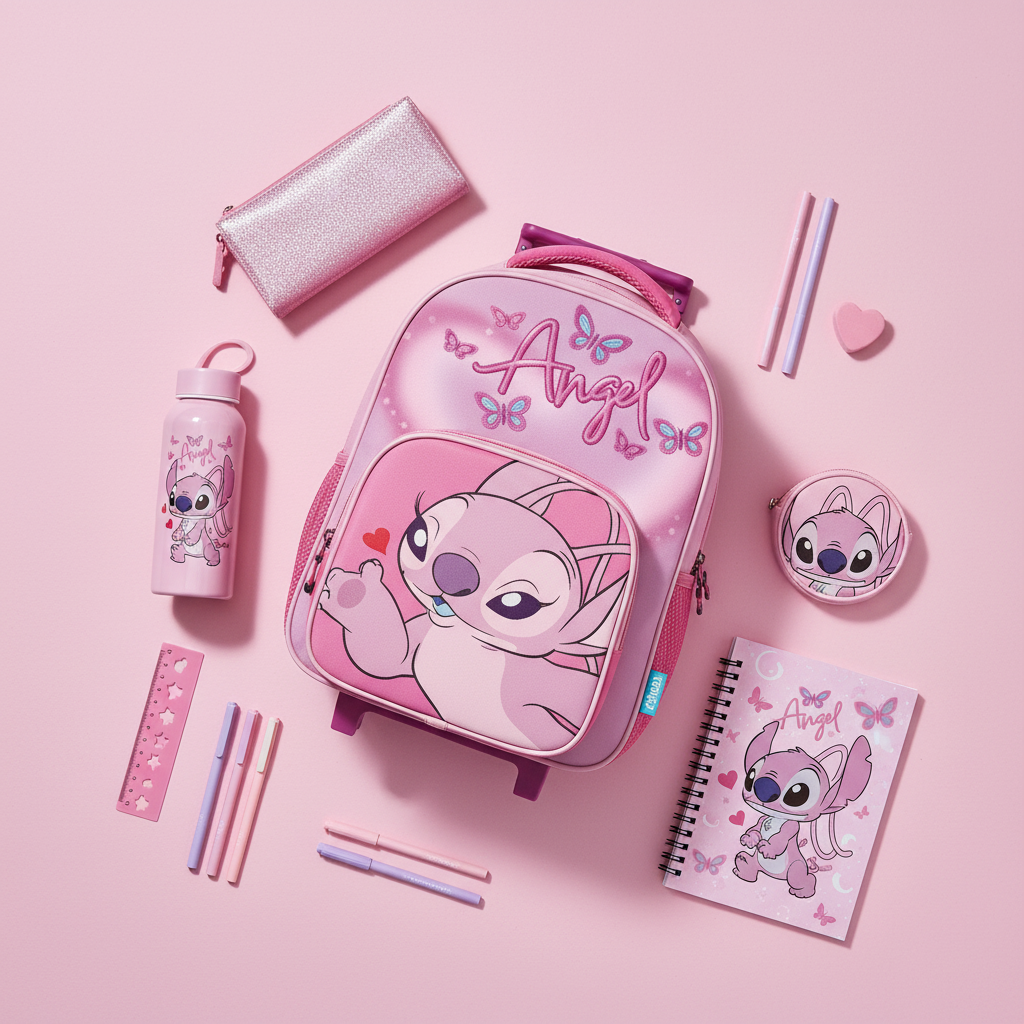 Trolley Angel Lilo & Stitch con accessori scuola su sfondo pastello