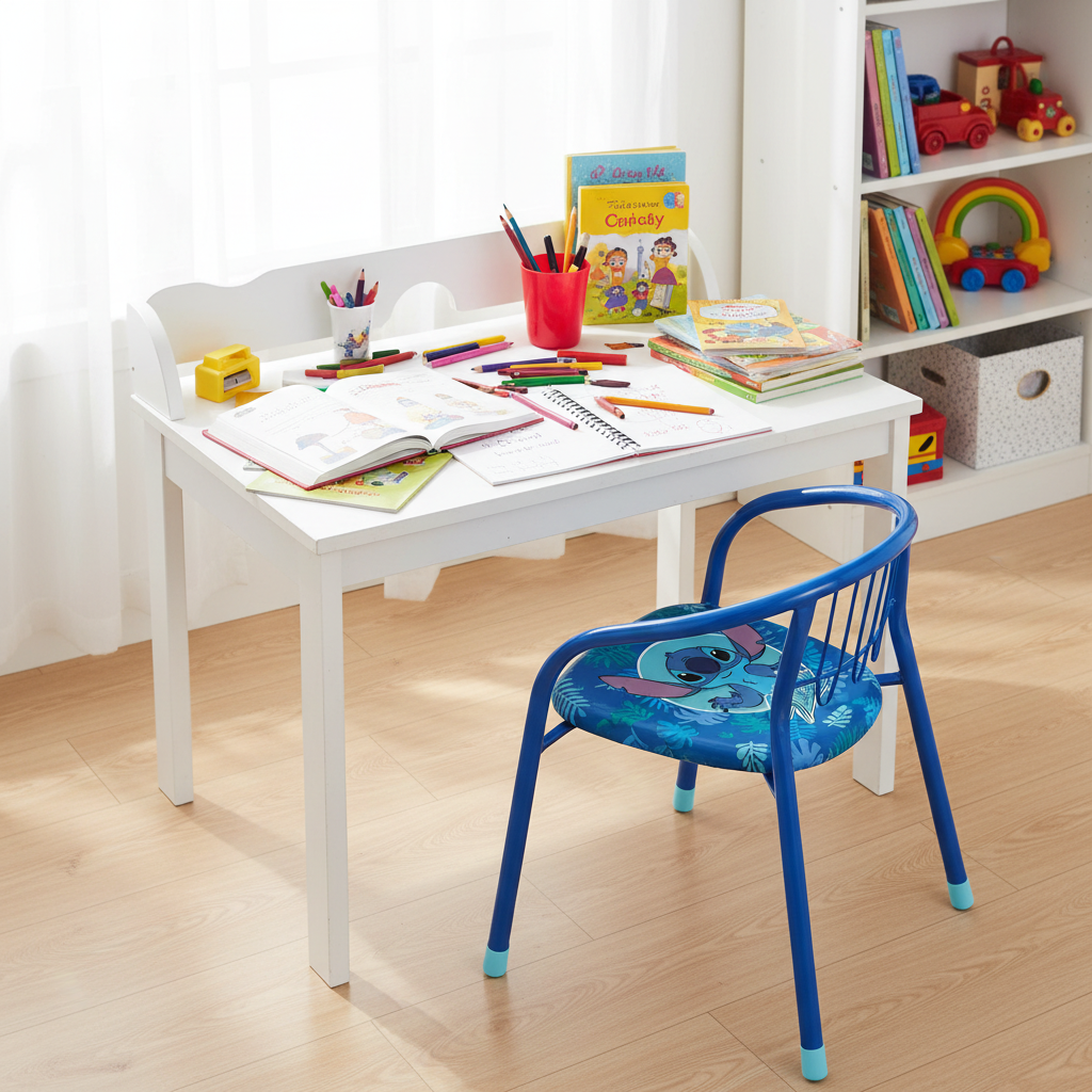 Sedia a scrivania bambini con materiale scolastico