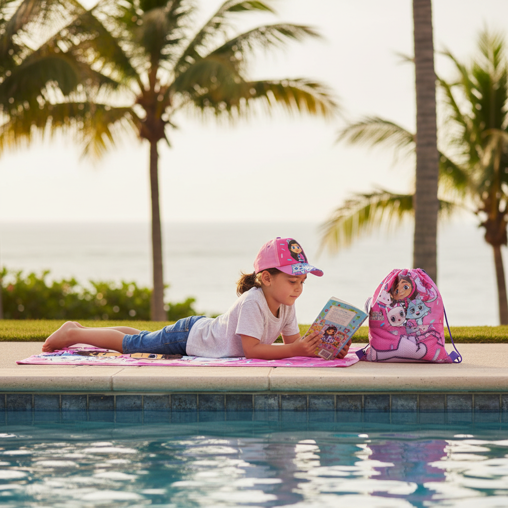 Bambina che legge su telo mare rosa Gabby's Dollhouse a bordo piscina