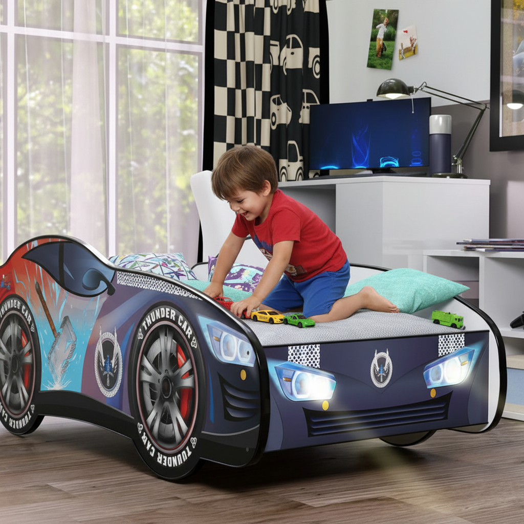 Bambino gioca macchinine su letto Thunder LED gioco immaginativo