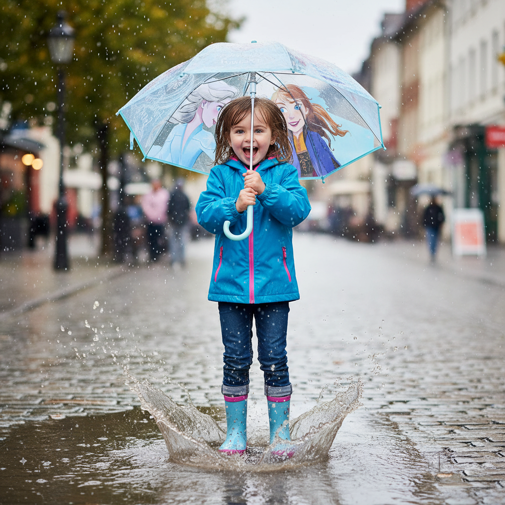 Bambina salta nelle pozzanghere con ombrello trasparente Frozen