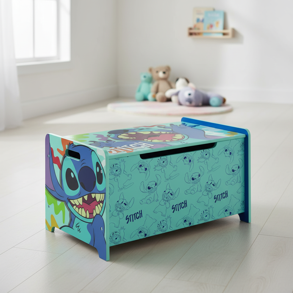 Dettaglio laterale portagiochi Stitch con grafica personaggio Disney colorata