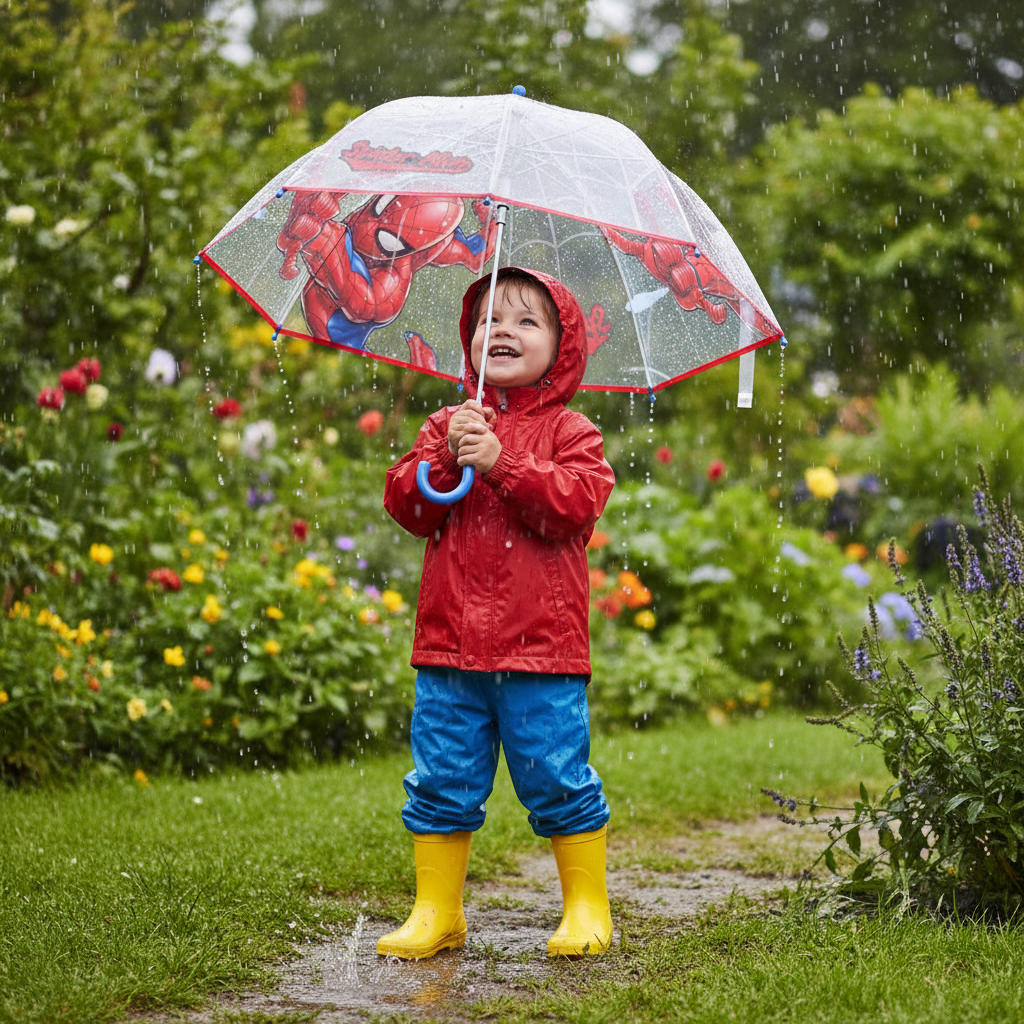 Bambino con ombrello Spiderman trasparente gioca in giardino sotto la pioggia