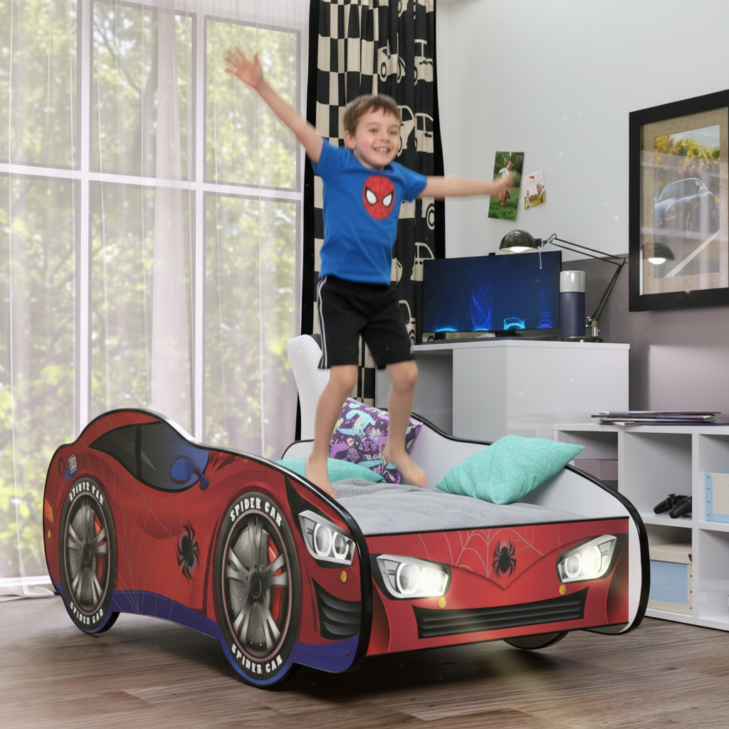 Bambino salta felice letto Spider-Man rosso LED gioco energico