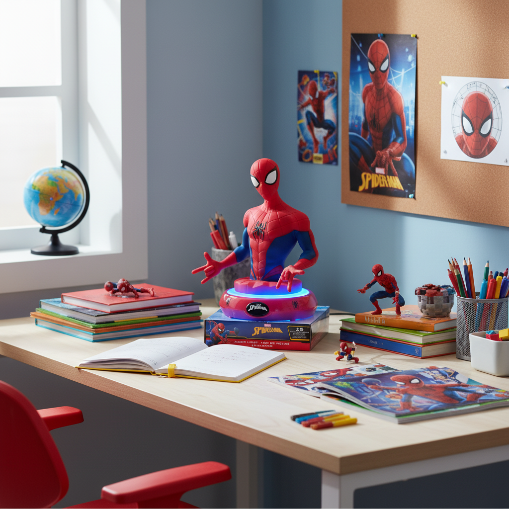 Lampada LED Spiderman su scrivania area studio bambini
