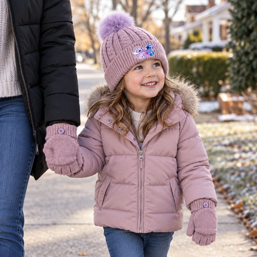 Bambino con cappello e moffole Stitch durante una passeggiata con un adulto.