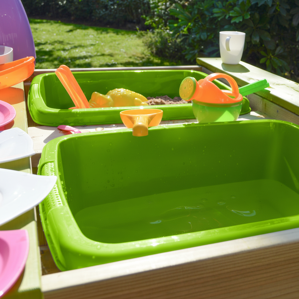 Bambina che gioca con sabbia e acqua al tavolo da gioco