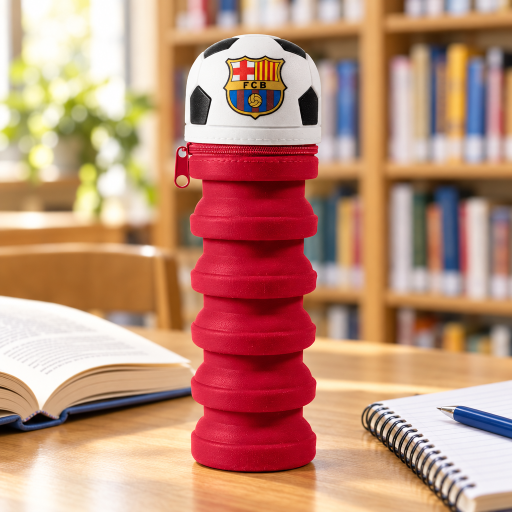 Astuccio FC Barcelona con cappuccio a pallone su un tavolo con quaderno e libro