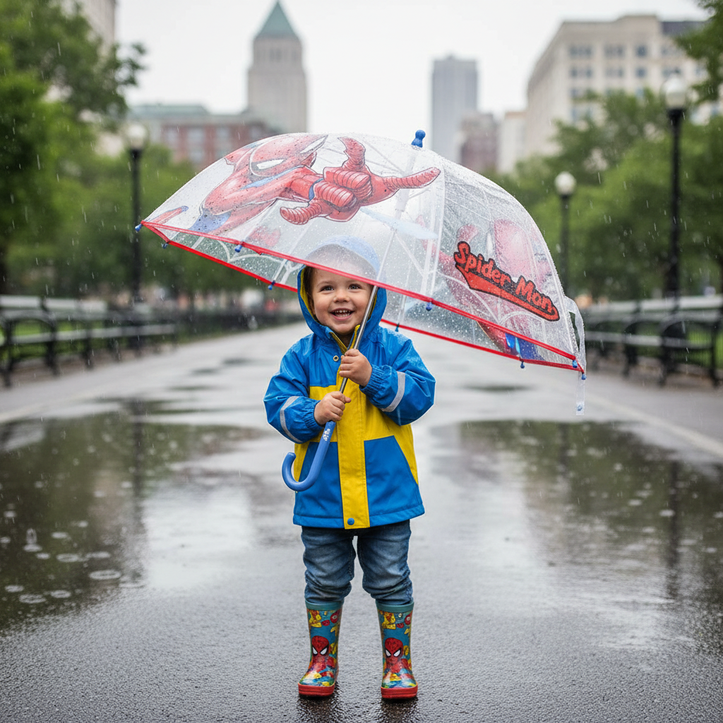 Bambino sorridente tiene ombrello Spiderman trasparente con grafica Uomo Ragno