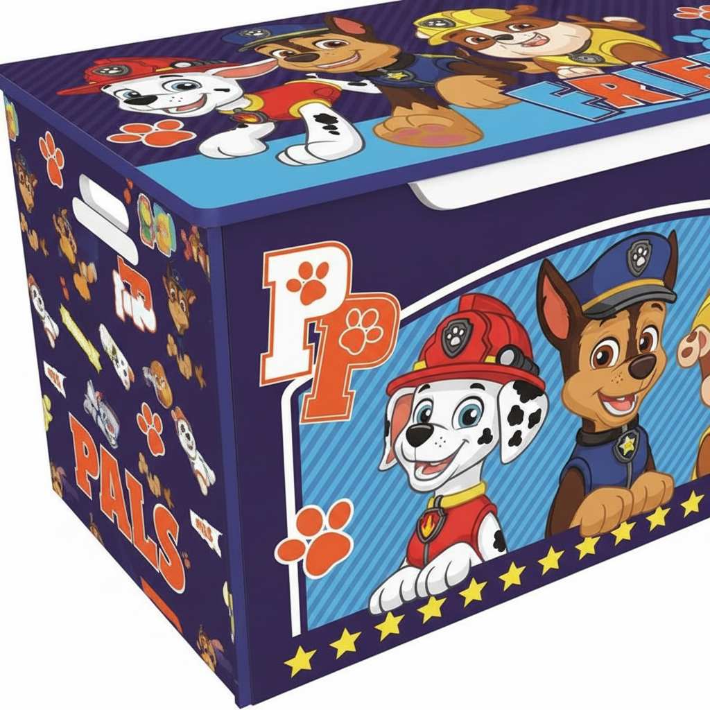 Dettaglio close-up grafica personaggi Paw Patrol e impronte zampe - zoom HD