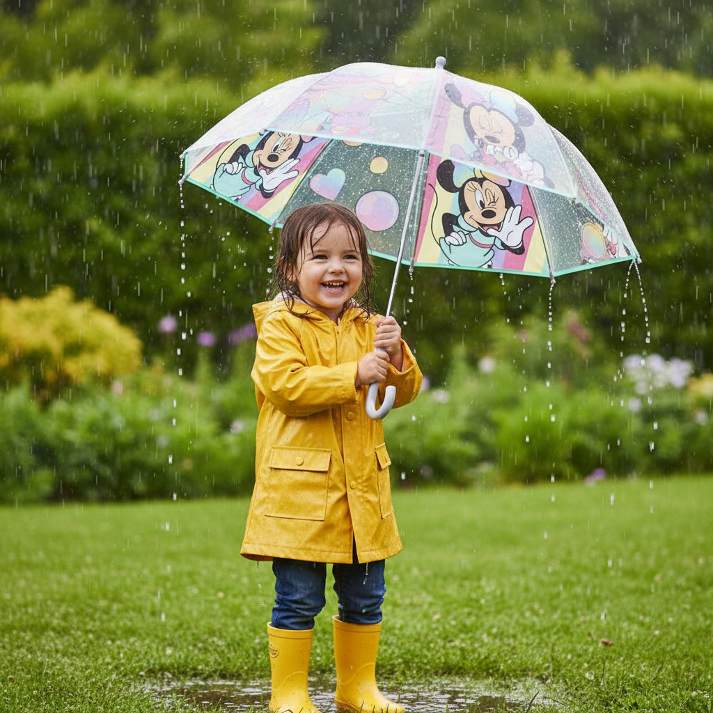Bambina con ombrello Minnie trasparente gioca in giardino sotto la pioggia