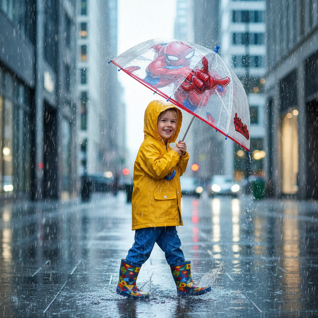 Bambino cammina sotto la pioggia con ombrello trasparente Spiderman