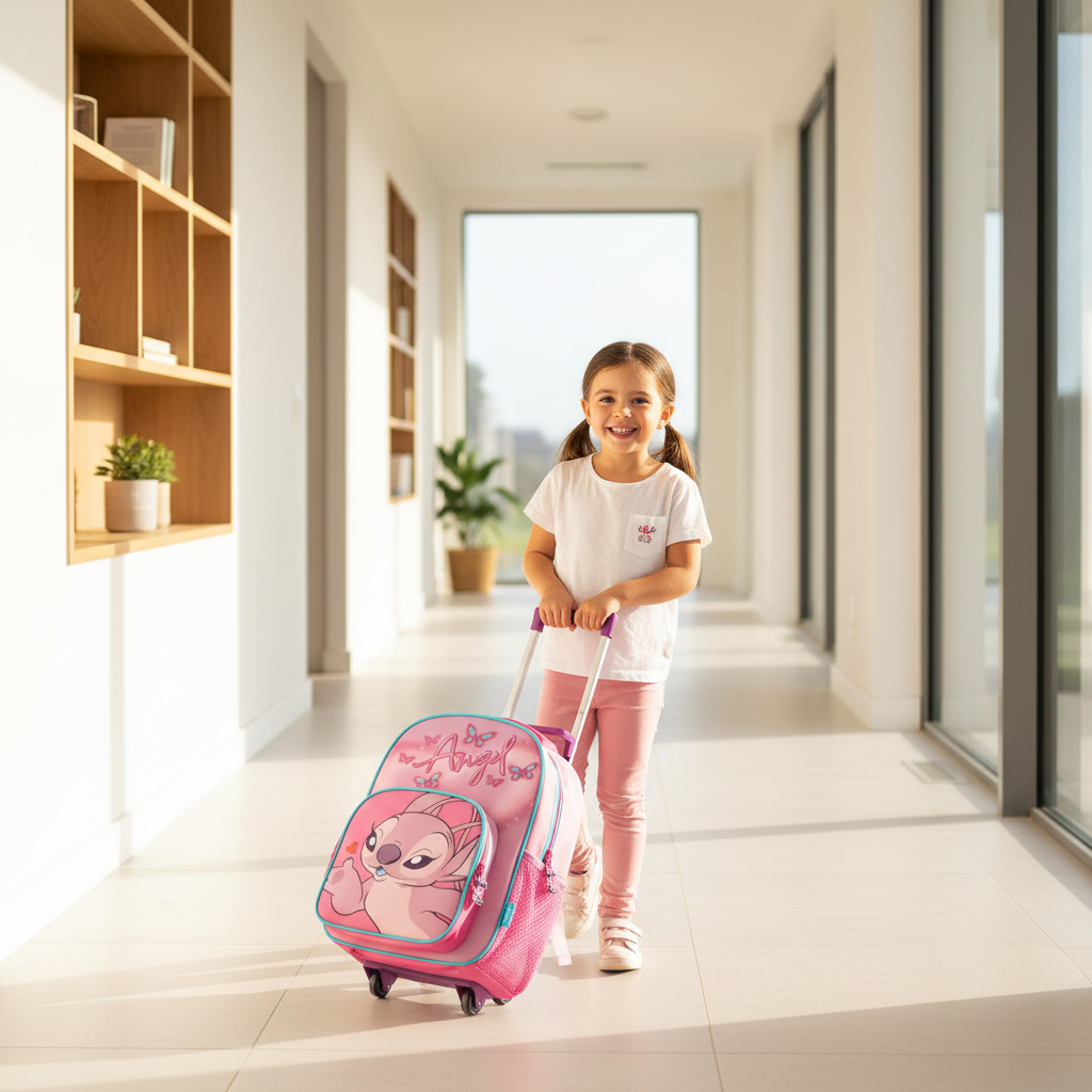 Bambina che trascina trolley asilo Angel Lilo & Stitch in corridoio