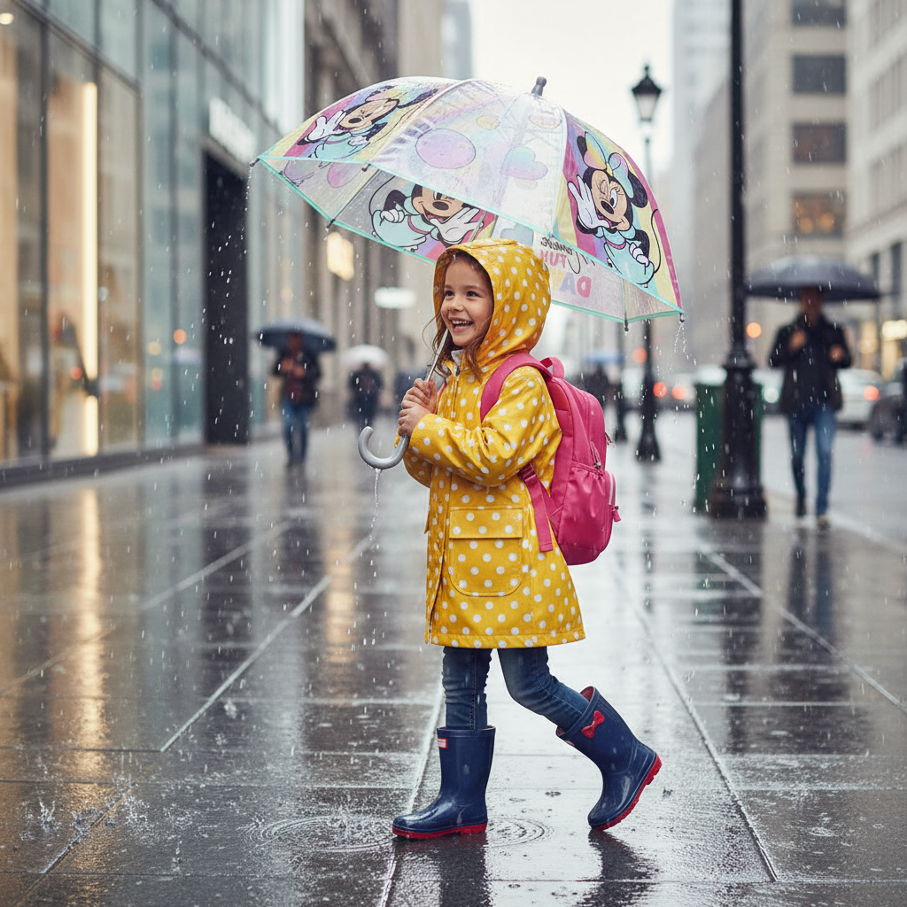 Bambina cammina sotto la pioggia con ombrello trasparente Minnie Mouse