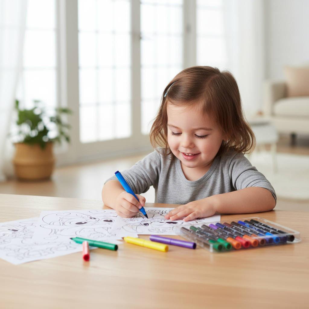Bambino felice colora disegni Stitch al tavolo