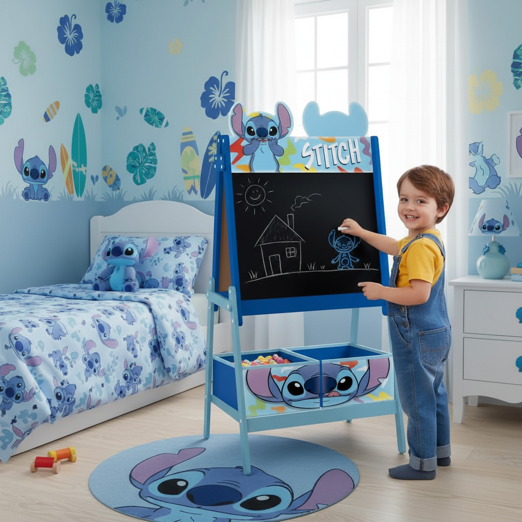Bambino mostra orgoglioso disegno sulla lavagna Stitch