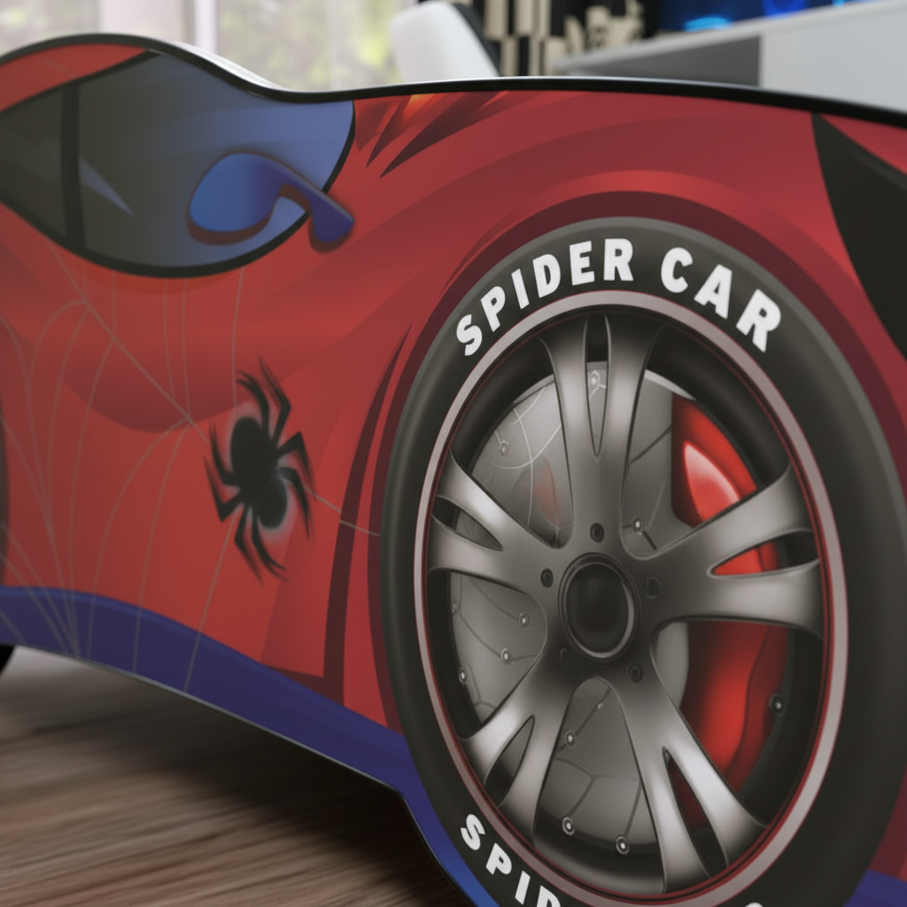 Zoom grafica laterale simboli Spider-Man rosso qualità finitura