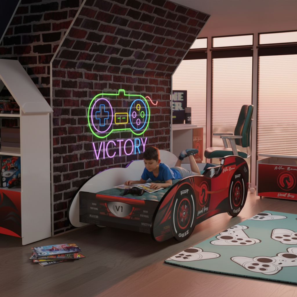 Bambino legge fumetti sul letto auto F1 Victory Final Boss