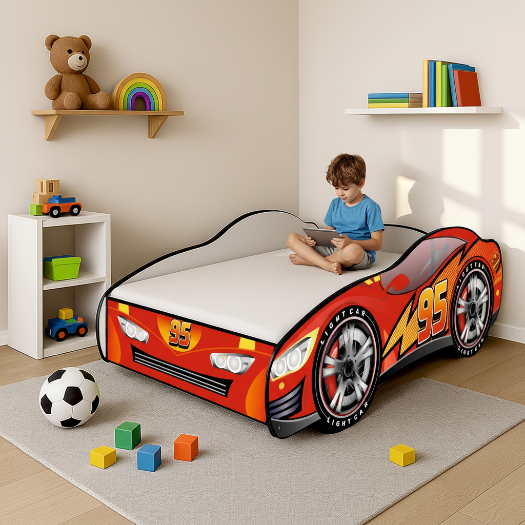 Bambino tablet letto Cars 95 pomeriggio scaffale bianco giocattoli FOTOREALISTICO