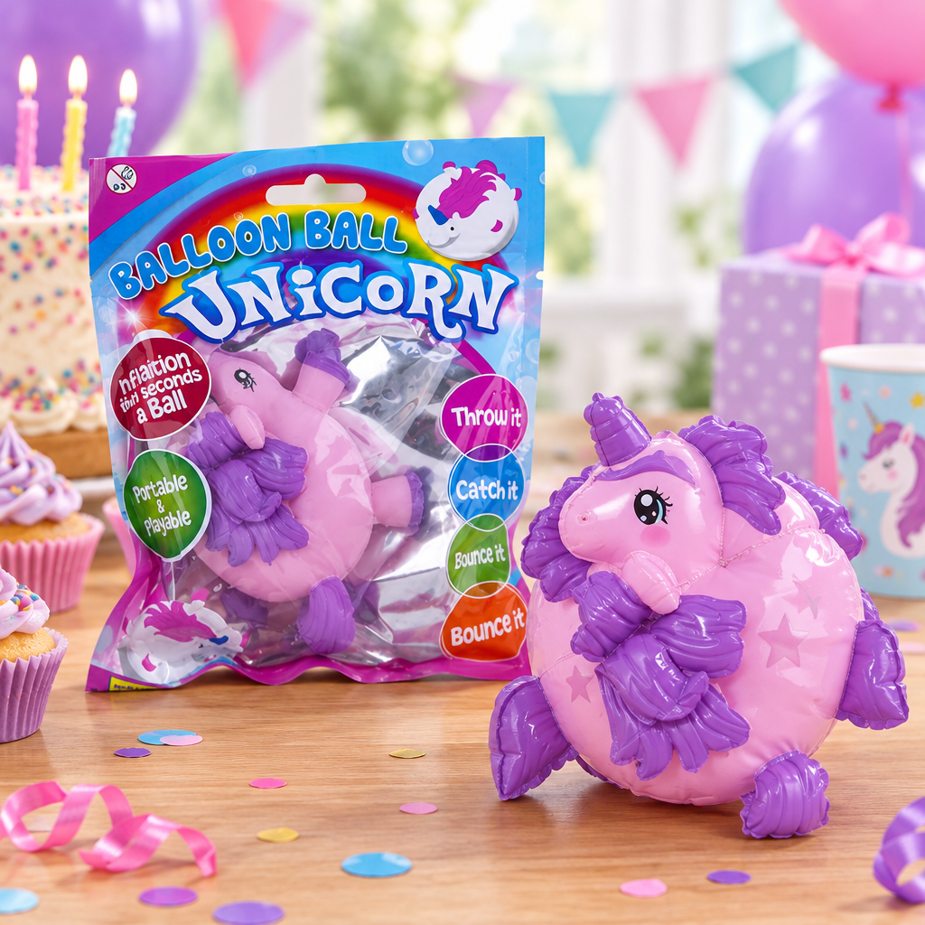 Palloncino unicorno gonfiabile viola e rosa vicino alla confezione su un tavolo da festa