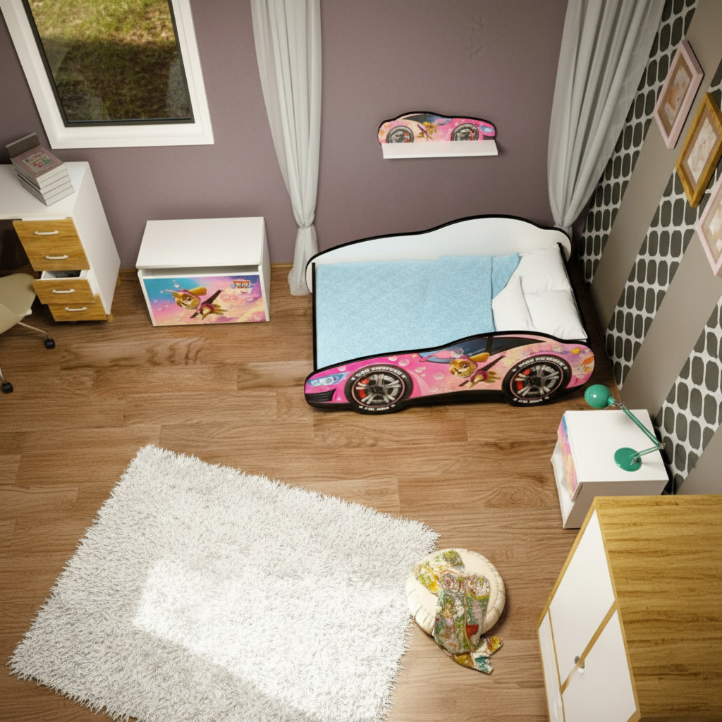 Vista dall'alto cameretta completa con letto macchina Dogs Adventure
