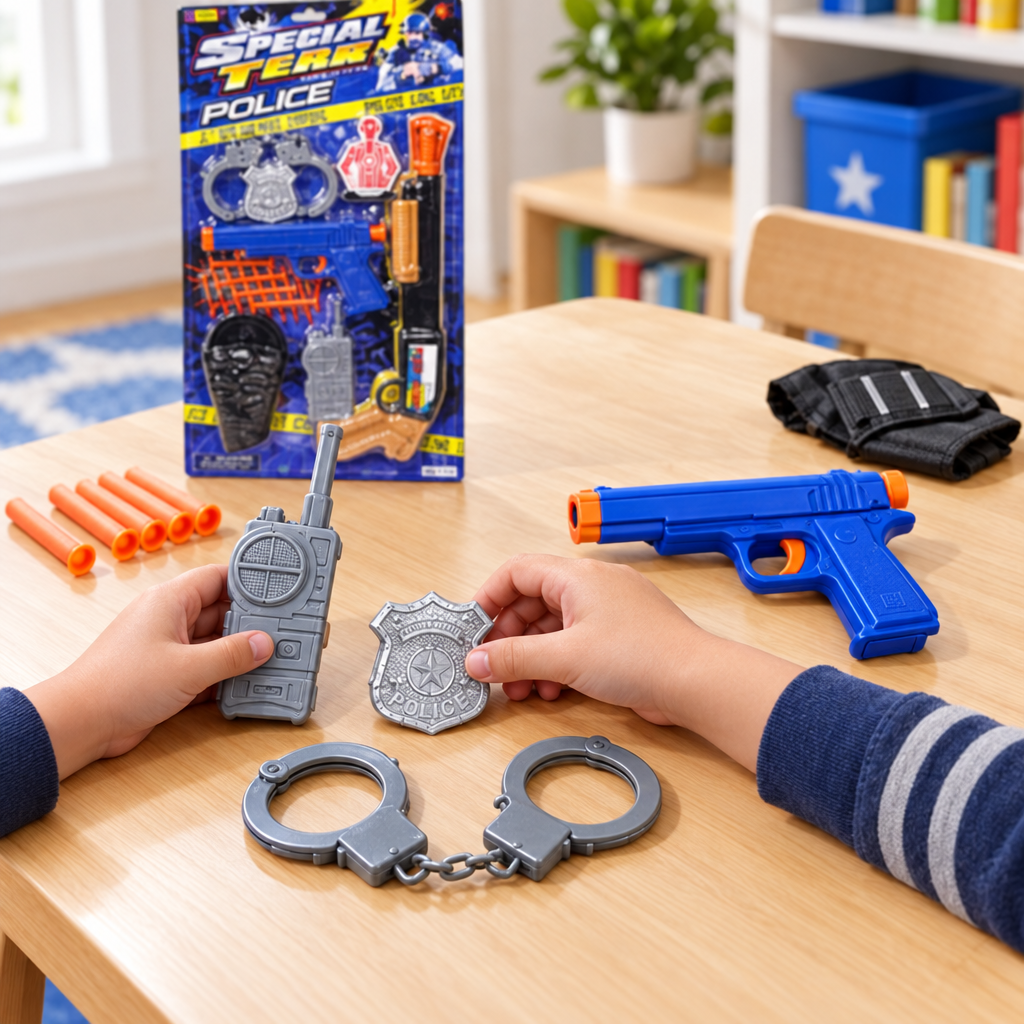 Primo piano degli accessori giocattolo: walkie-talkie, distintivo e manette.