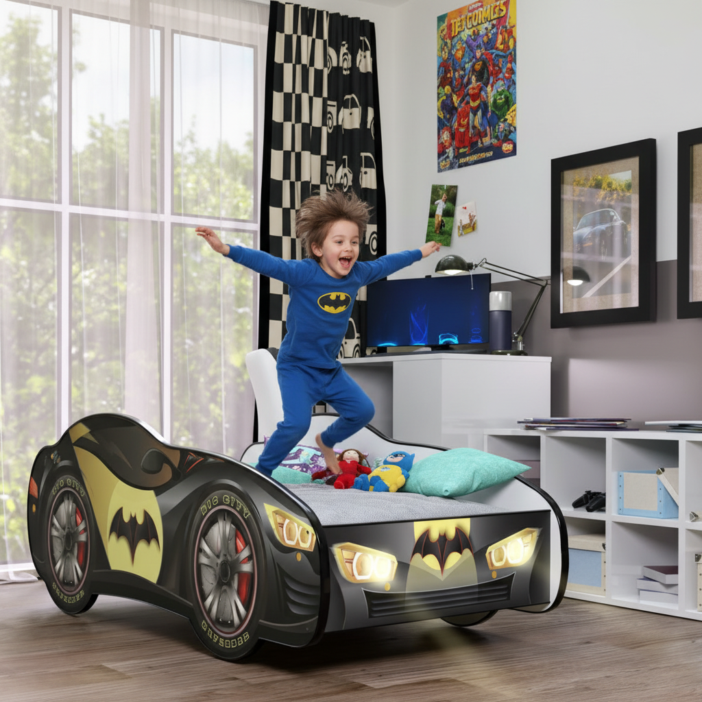 Bambino felice che salta sul letto macchina Batman