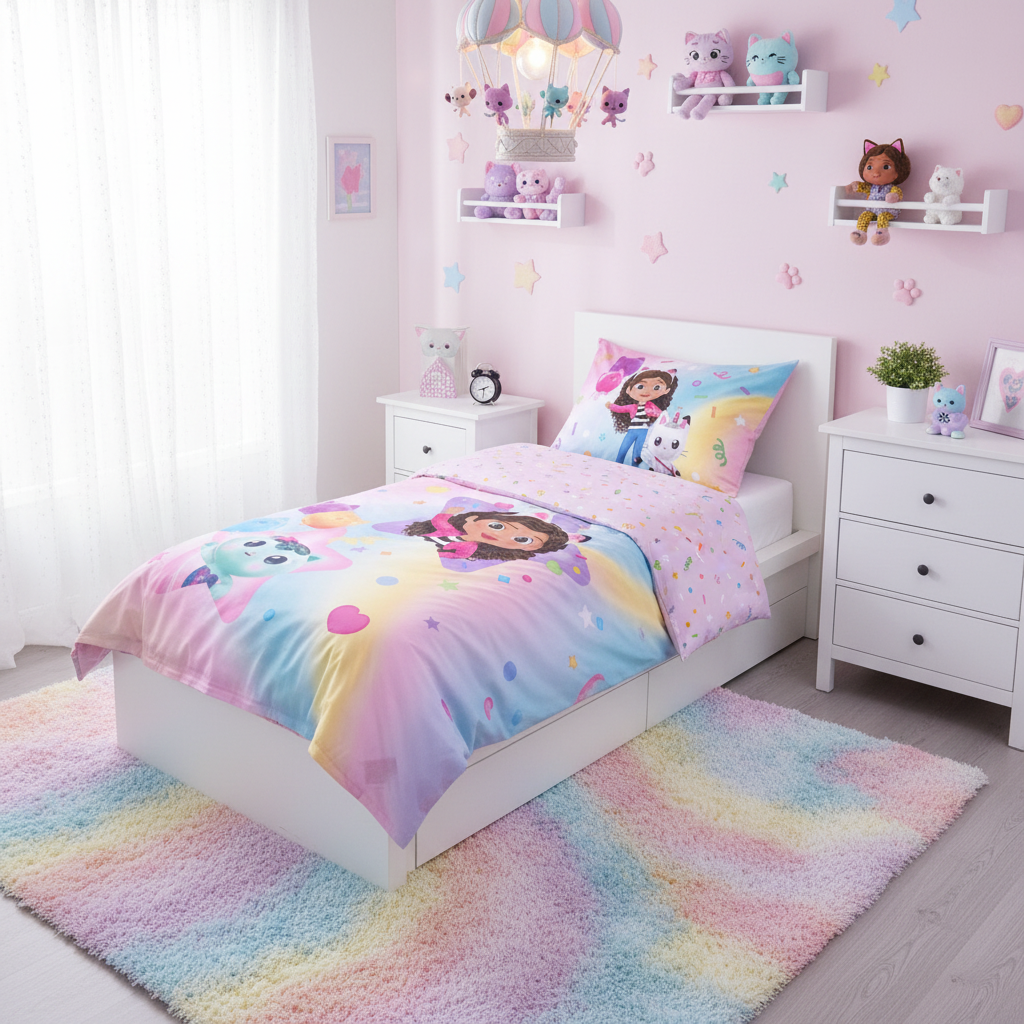 Cameretta stile Gabby's Dollhouse con set letto doubleface completo