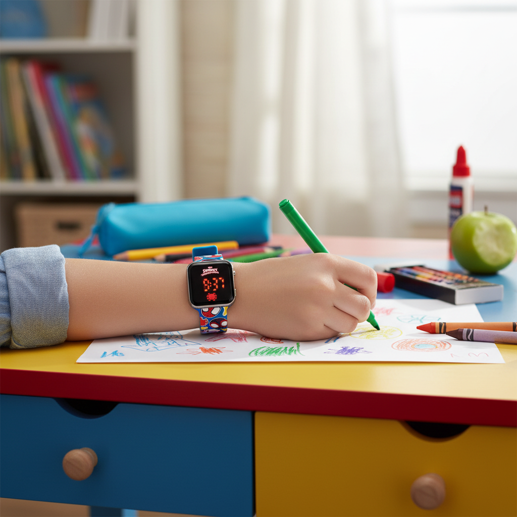 Orologio Spider-Man al polso mentre disegna