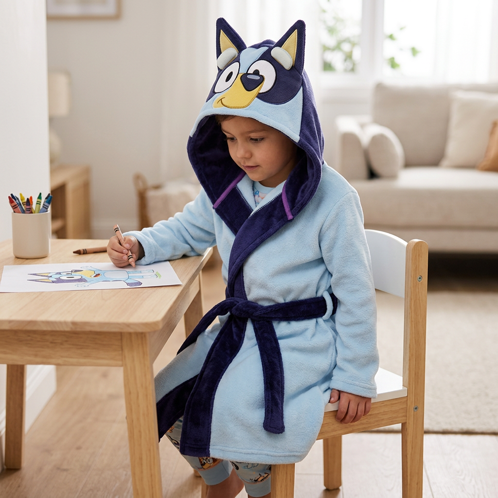 Accappatoio Bluey con cintura durante un momento creativo in casa