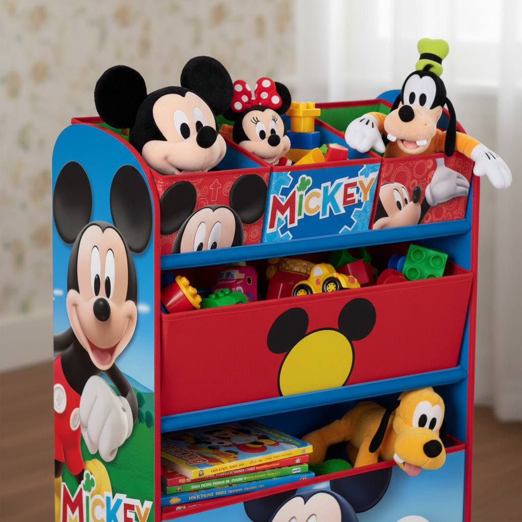 Dettaglio ripiani colorati organizer Mickey con peluche e giocattoli