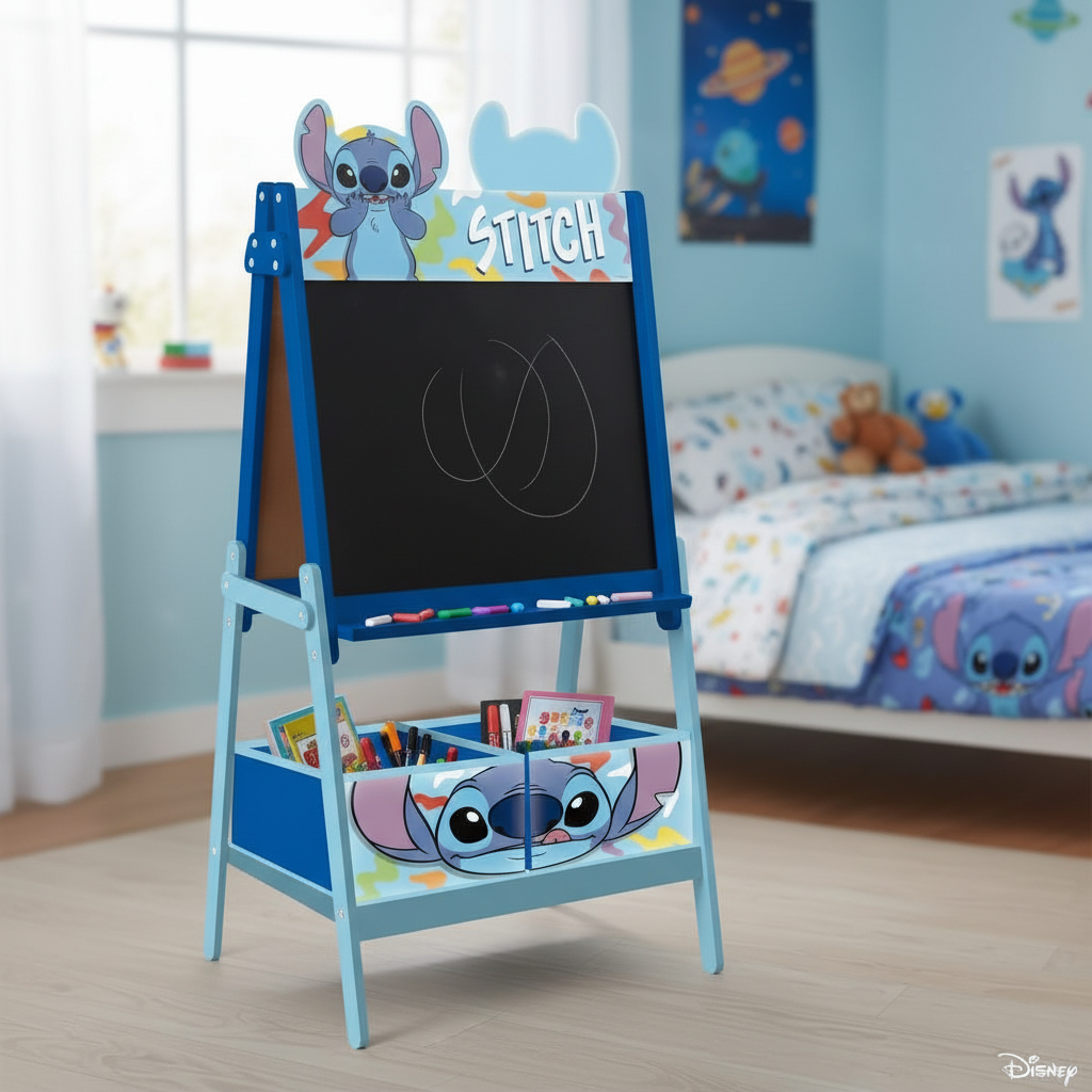 Dettaglio lavagna cavalletto Stitch azzurra doppia faccia con contenitori