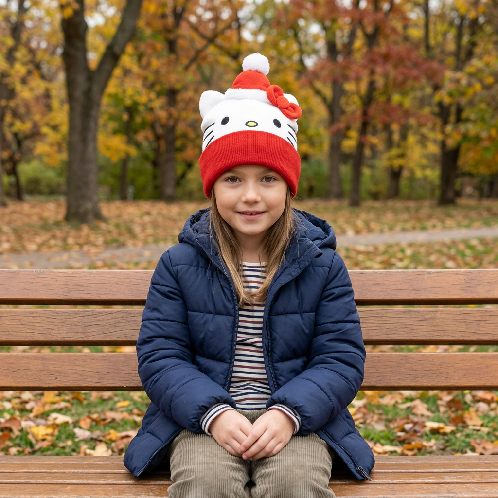 Bambina con cappello Hello Kitty al parco