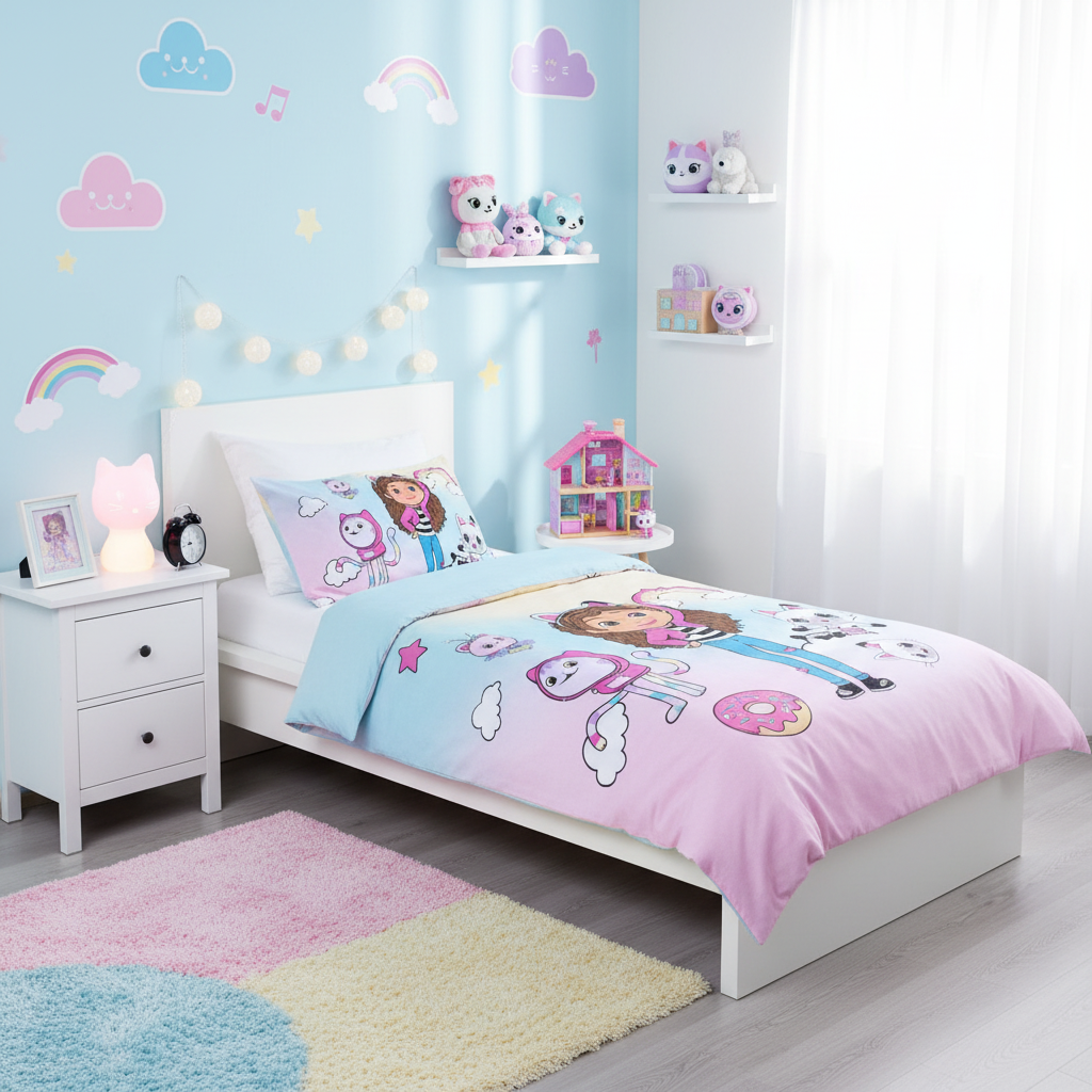 Cameretta stile Gabby's Dollhouse con set letto completo