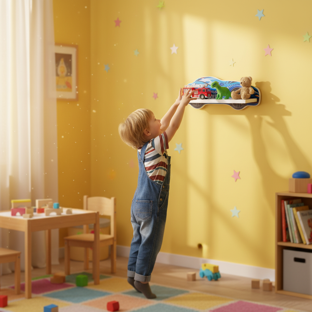 Bambino che prende giocattolo da mensola polizia