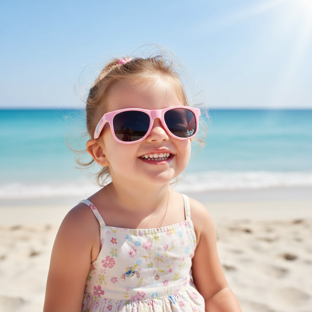 Bambino felice indossa occhiali Lilo & Stitch in spiaggia