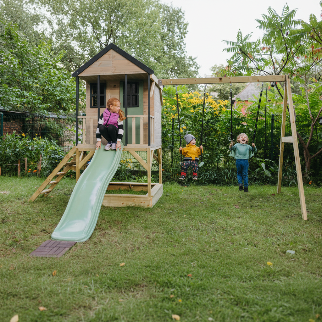 Vista completa casetta M60 Adventure Cottage con altalena doppia