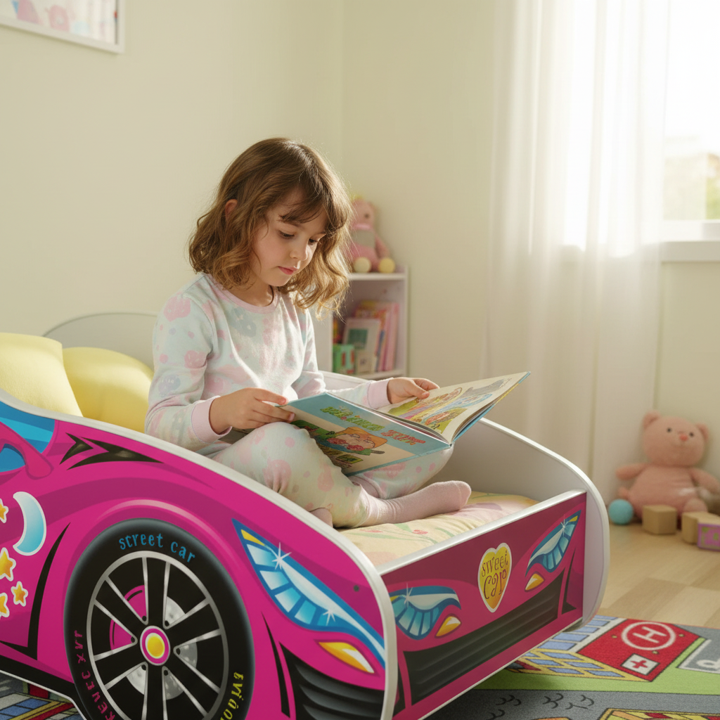 Bambina che legge sul letto macchina rosa atmosfera serena