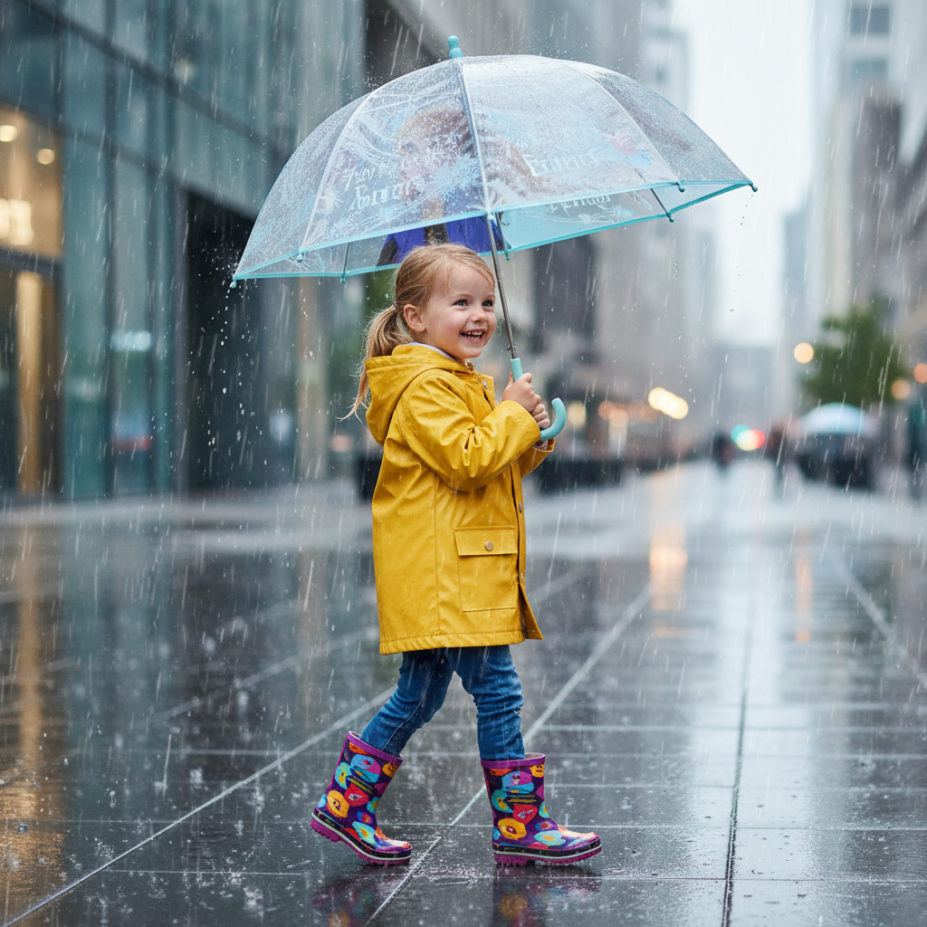 Bambina cammina sotto la pioggia con ombrello trasparente Frozen
