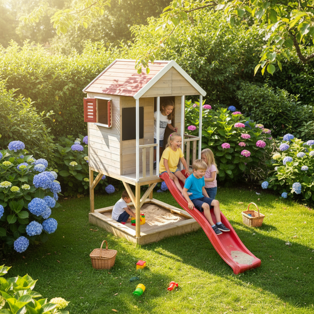 Area gioco completa con casetta rialzata e scivolo