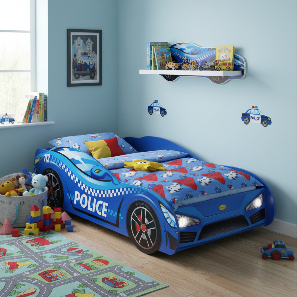 Cameretta con mensola polizia e letto auto coordinato