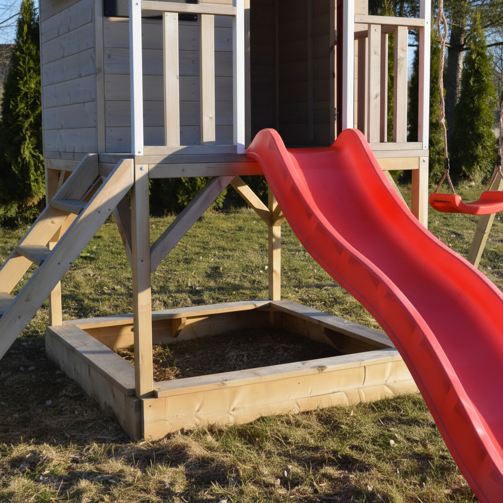 Dettaglio scivolo rosso e scala in legno casetta M9