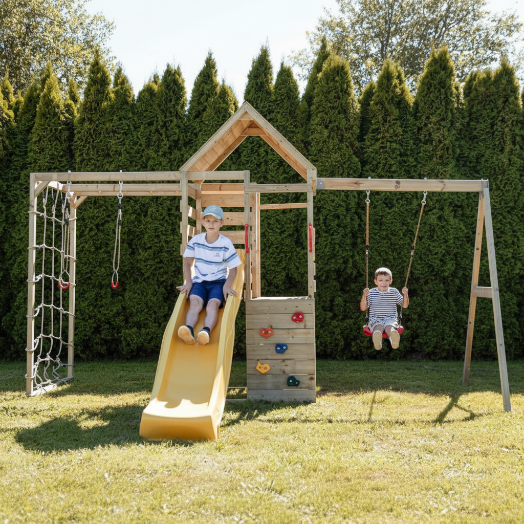 Bambini sullo scivolo giallo e parete arrampicata M41