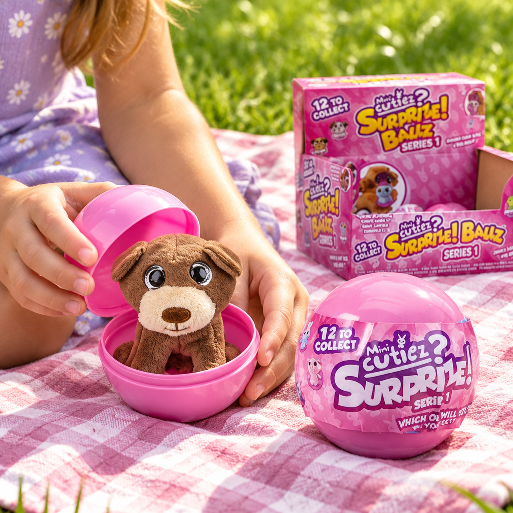 Capsula rosa aperta e piccolo peluche marrone su una coperta da picnic